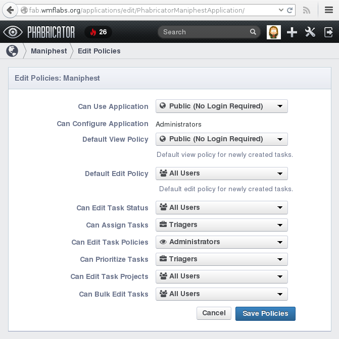 Administrator view for settings policies in Maniphest.