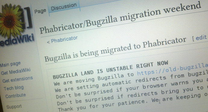 The page on mediawiki.org that users were redirected to while the migration was taking place.
