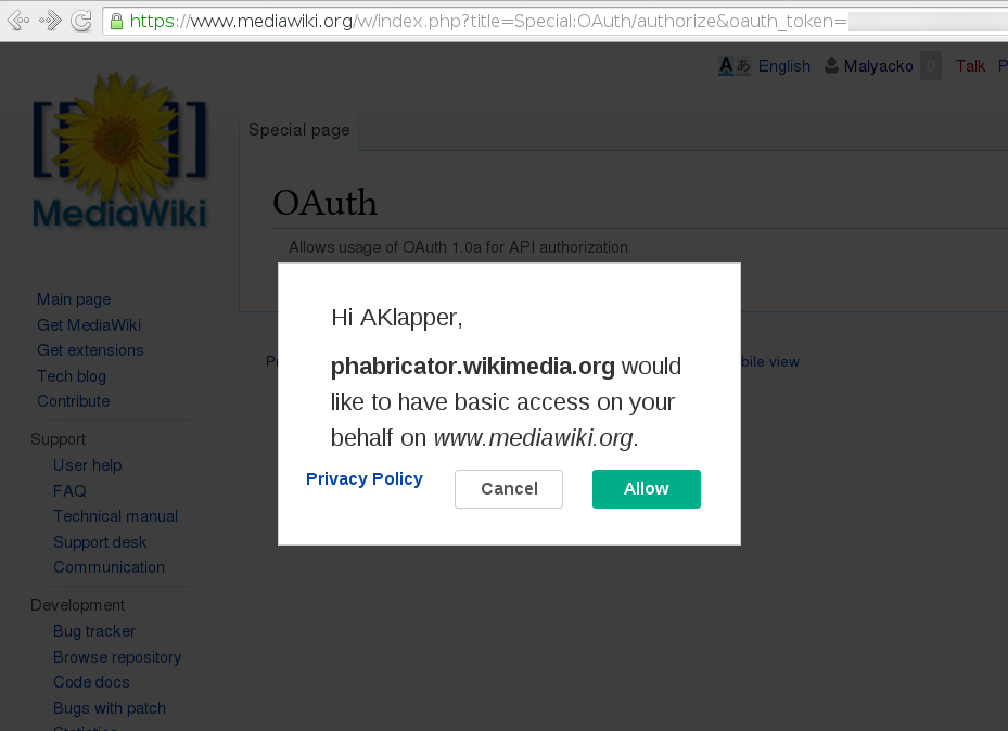 Integration with MediaWiki's Single User Login via OAuth - no separate login.