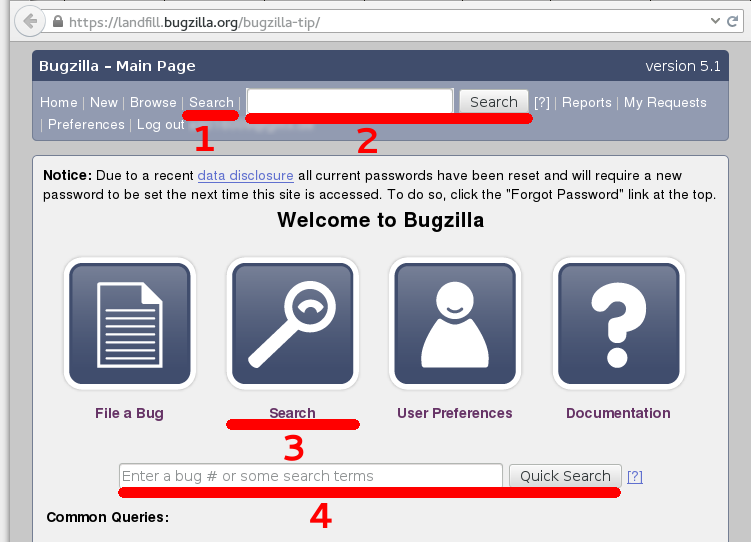 Upstream Bugzilla front page with four search options