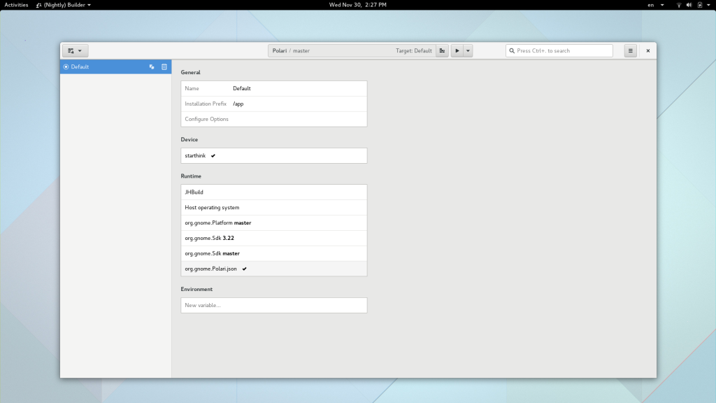 Now select “org.gnome.Polari.json” as the build runtime. (We expect this to be treated as a build configuration in 3.24)