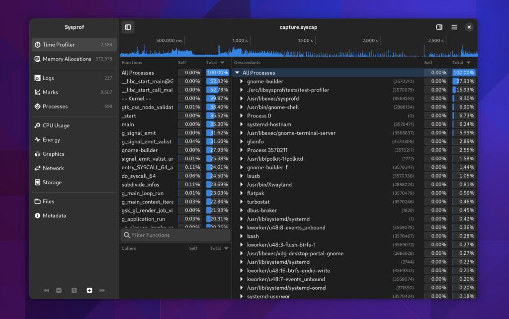 A screenshot showing a window to explore captured data. It has categories along the left sidebar with a chart showing stack depth above a traditional callgraph display.