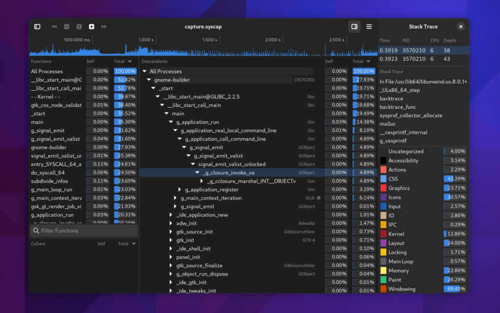 A screenshot showing the utility sidebar on the right of the callgraph with the ability to select and view stacktraces one-by-one and a categorization breakdown of recorded stacktraces such as Kernel, Memory Allocations, Paint, Layout, and more.