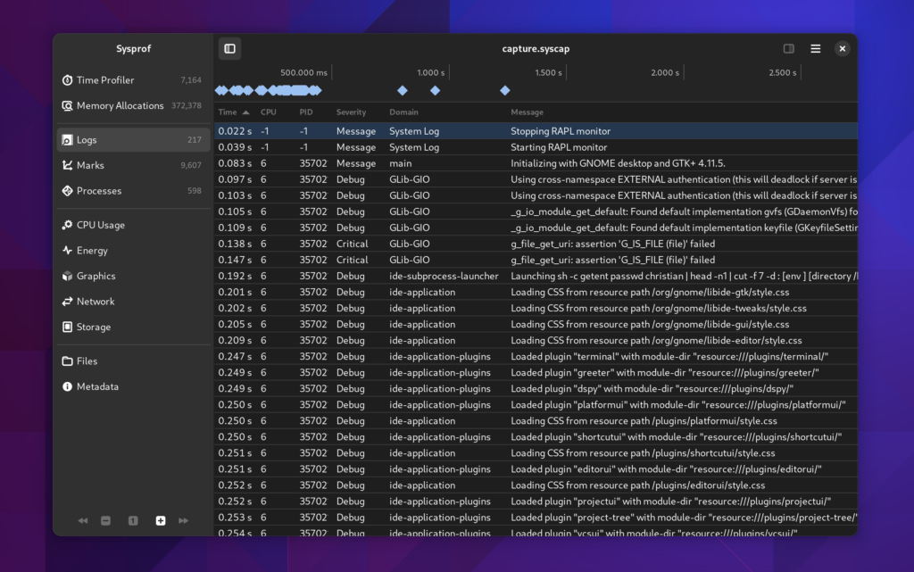 A screenshot showing logs from Builder and journald side-by-side, captured as part of the system capture.