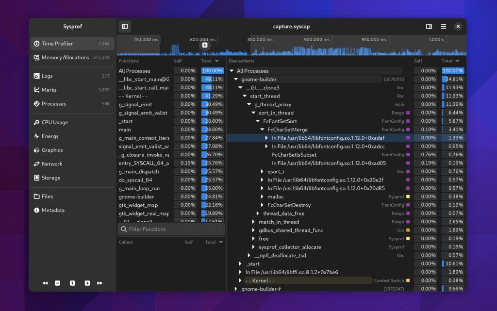 A screenshot showing a time span selected with a filtered callgraph only containing stack traces from that time range.