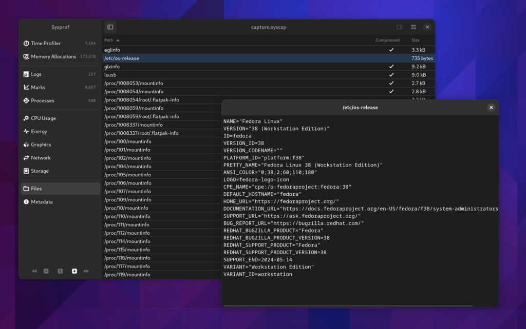 A screenshot showing the list of files embedded in the system capture, and a window display the contents of the /etc/os-release file.