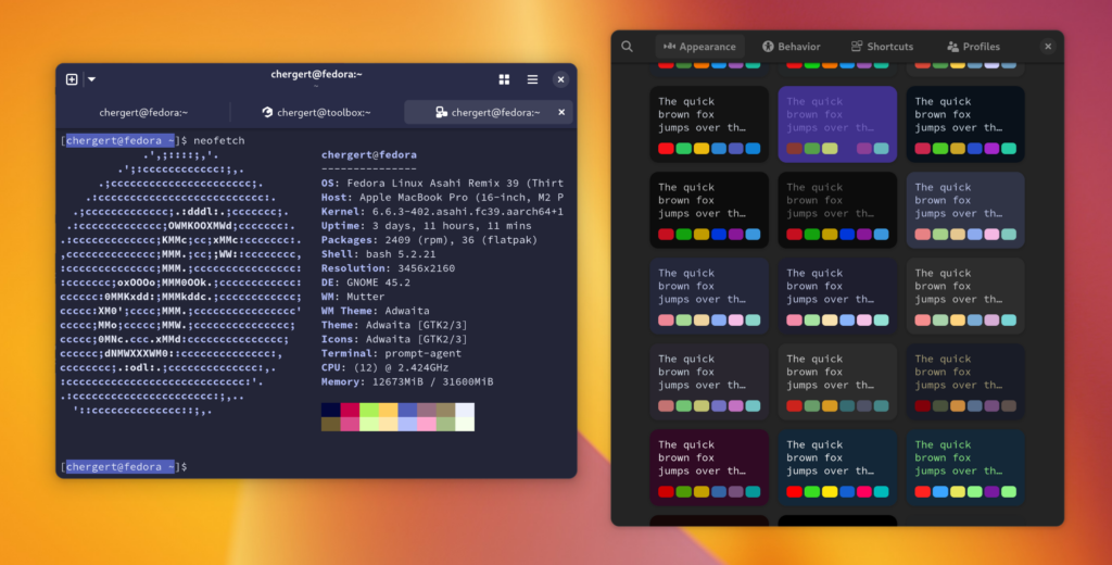 A screenshot of Prompt with the preferences window open allowing the selection of numerous palettes with diverse color sets. The terminal window is recolored using colors from the palette.