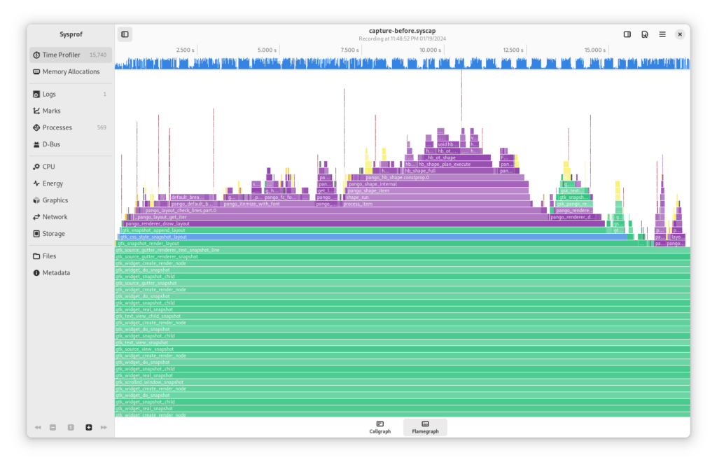 A flamegraph showing that the line number gutter renderer in GtkSourceView was an extremely complex code path.