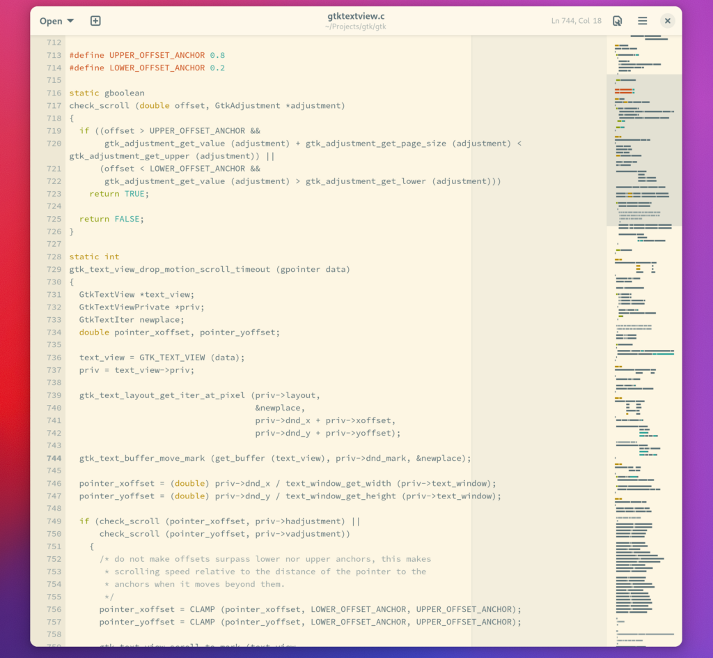 A screenshot of Text Editor showing the new overview map which contains a more appropriate amount of padding to appease the renderer's clip tracker.