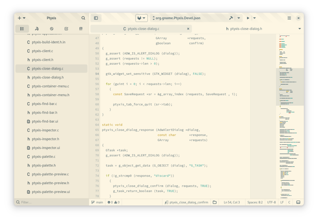 A screenshot of GNOME Builder with a new GtkMenuButton in the headerbar containing a GitLab icon and menu.