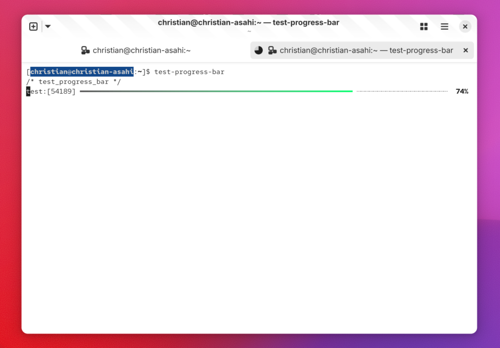 A screenshot of Ptyxis running in a window with two tabs. One of the tabs has a progress indicator icon showing about 75 percent completion of a task.