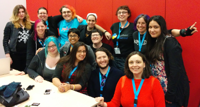 The group, including 3 OPW alums and 4 mentors, at the Feminist Hacker Lounge at PyCon 2014.