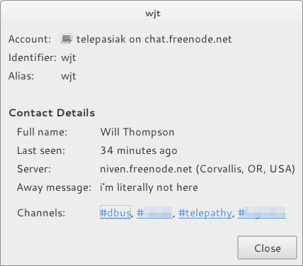 Contact information for ‘wjt’ on Freenode, showing other channels, away message, and other IRC-specific details