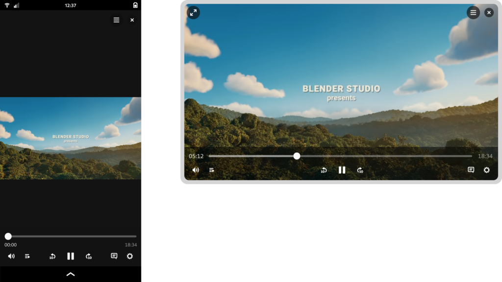 Two mockups of the videos app, showing the window at different sizes and aspect ratios