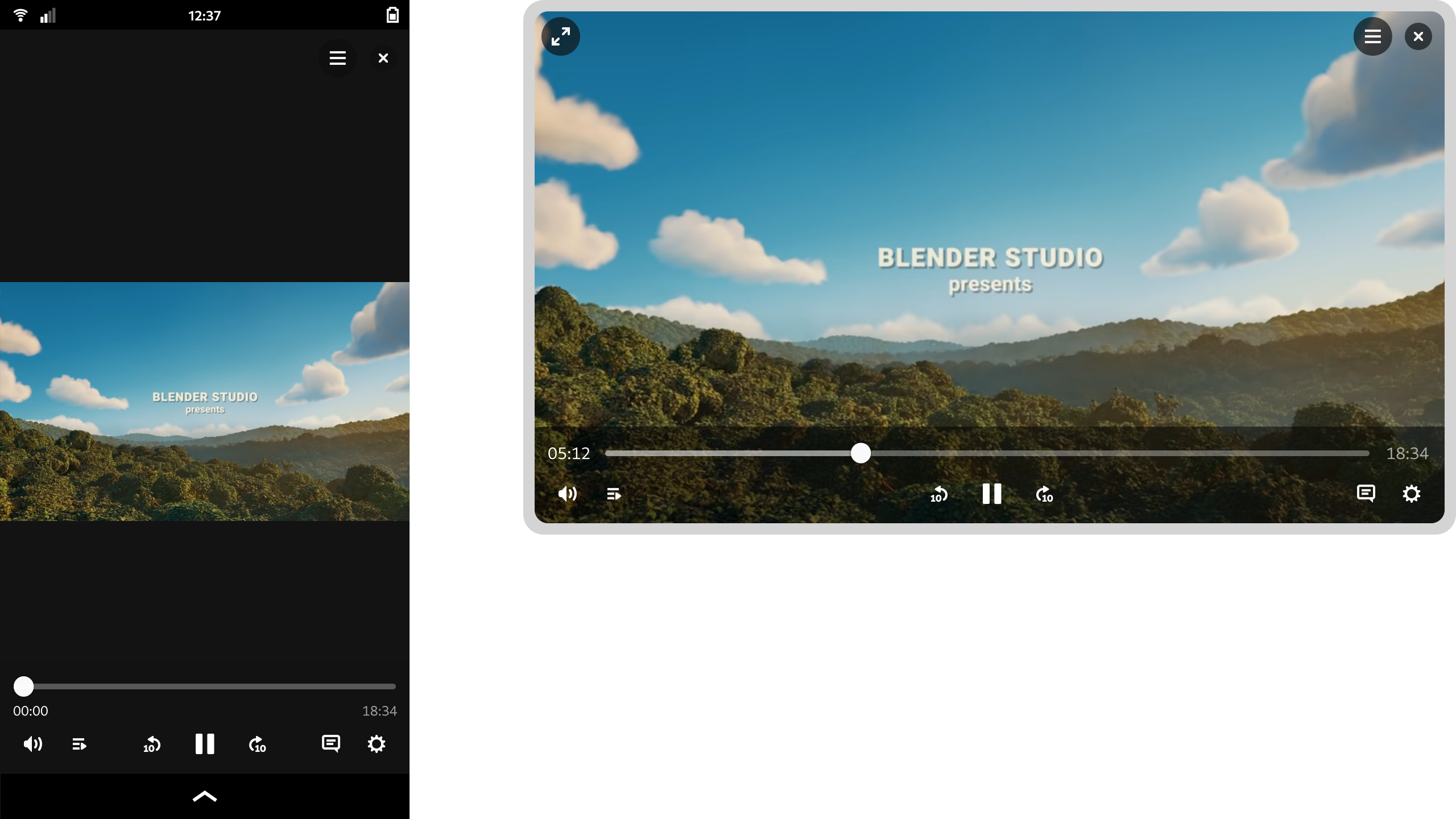 Two mockups of the videos app, showing the window at different sizes and aspect ratios