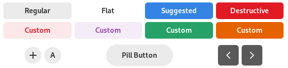 Button styles: regular (no style), flat, suggested action, destructive action, a few custom colored buttons, circular, pill, osd