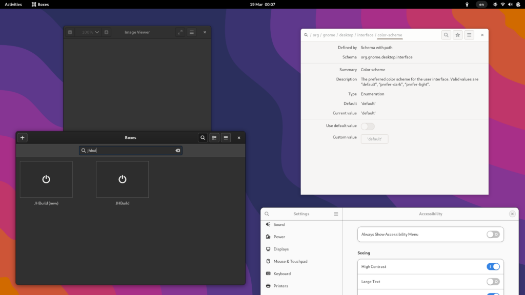 Eye of GNOME and Boxes with the default color scheme and high contrast enabled