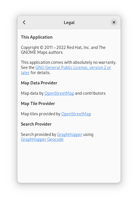 A screenshot of legal information from GNOME Maps, listing information for map data provider, map tile provider and search provider