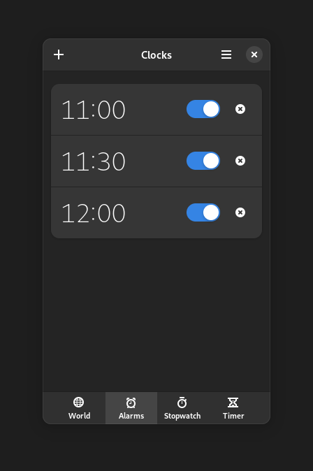 Alarms page from GNOME Clocks with Libadwaita 1.2