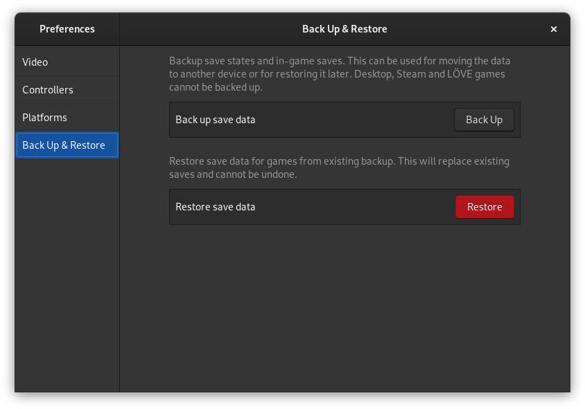 Backup & Restore page in Games 3.34