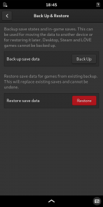 Games 3.34 on a phone, Backup & Restore page