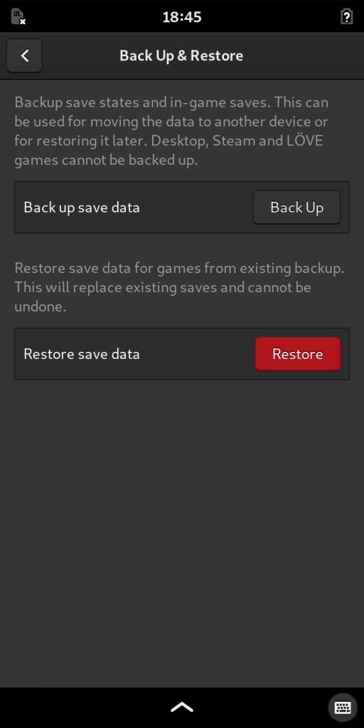 Games 3.34 on a phone, Backup & Restore page