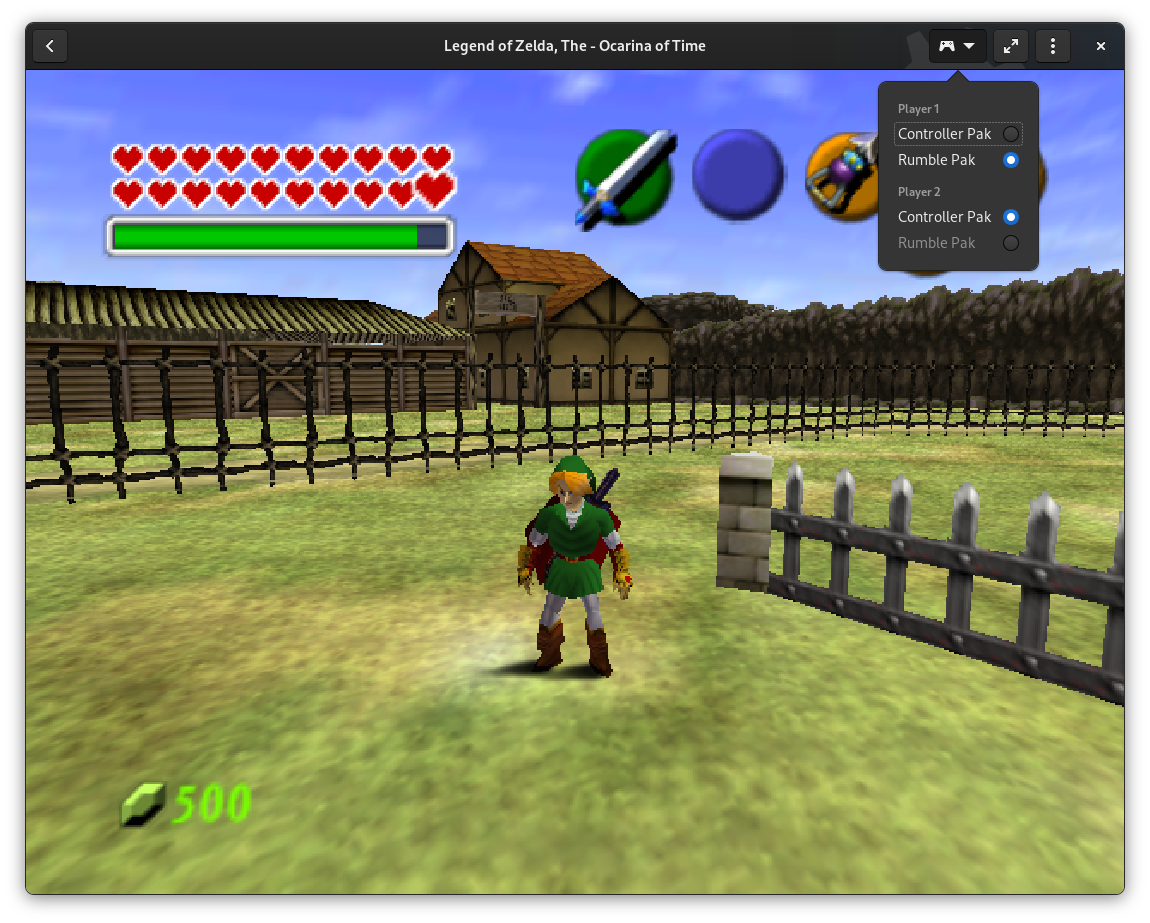 The Legend of Zelda: Ocarina of Time running in Games 3.38, with controller pak switcher open