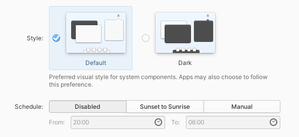 Style: default; dark. Preferred visual style for system components. Apps may also choose to follow this preference. Schedule: Disabled; Sunset to Sunrise; Manual. From: 20:00, To: 06:00