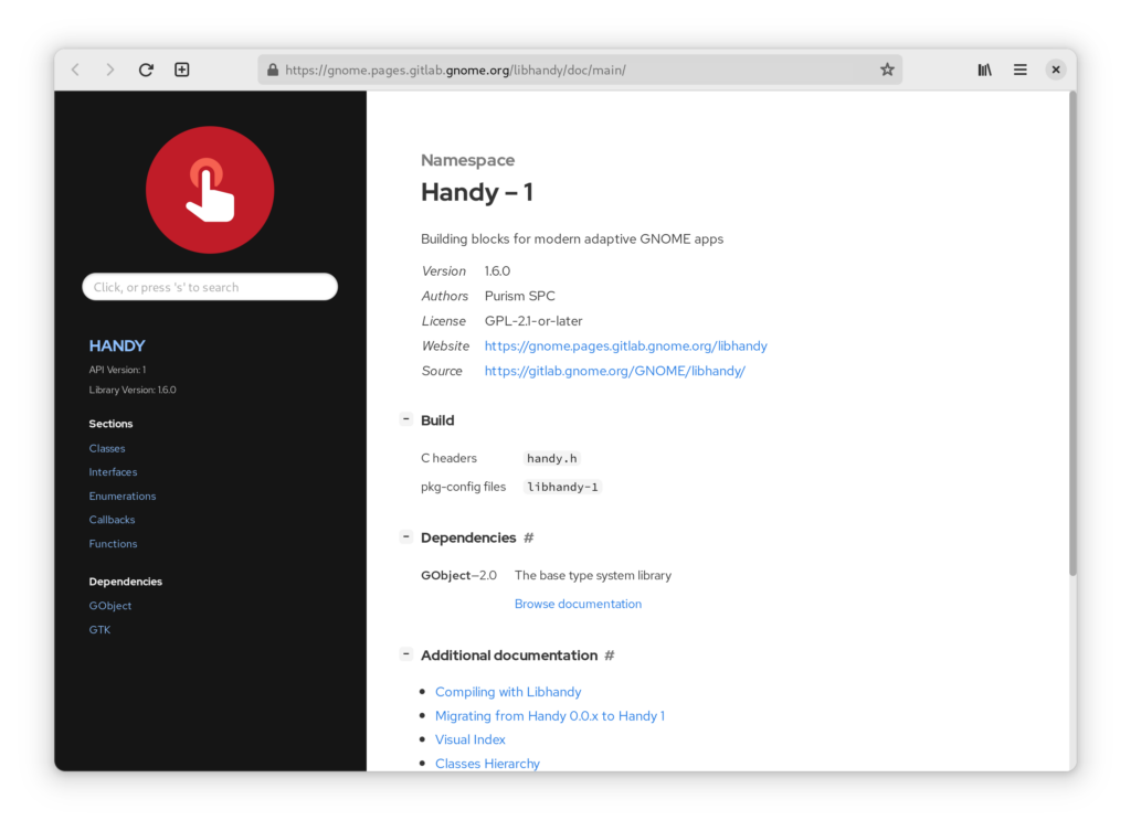 A screenshot of the libhandy docs in a GTK4 Epiphany build
