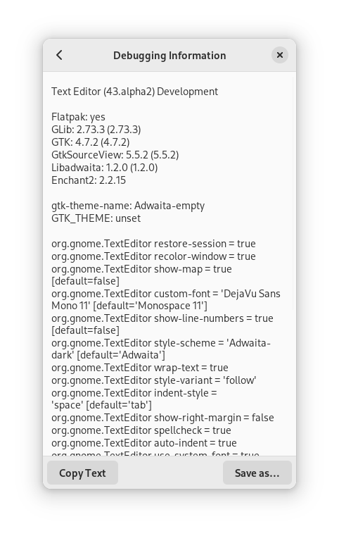 Screenshot of debugging information from GNOME Text Editor's AdwAboutWindow