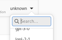 Screenshot of a combo row search entry. The row value is "unknown" and you can see cropped "gpl-3-0" and "lgpl-2-1" in the list.