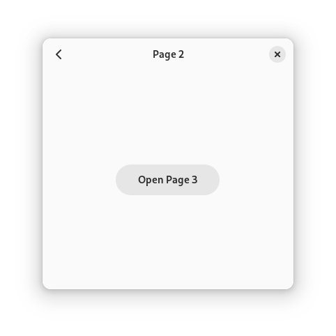 Screenshot of a small window with Page 2 in the title, a back button on the left and an "Open Page 3" button in the middle.