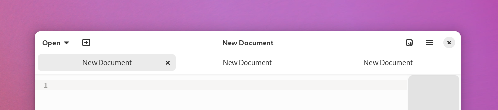 Screenshot of GNOME Text Editor 45, showing a header bar and a tab bar inside a toolbar view