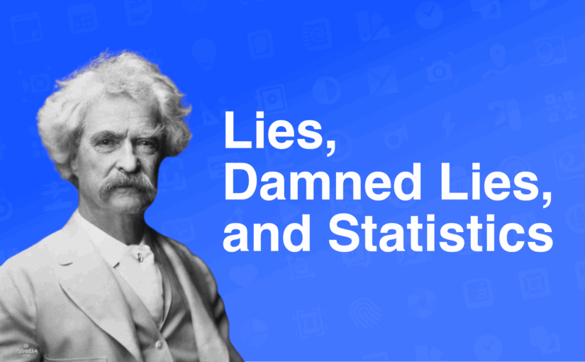 Grayscale portrait of Mark Twain on a blue background with the quote "Lies, damned lies, and statistics" overlaid in bold text.