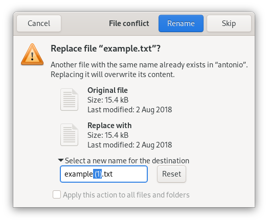 File conflict dialog suggesting a new name to avoid overwriting existing file