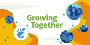 A banner that reads "Growing Together" with photos of the GNOME community and GNOME logo.