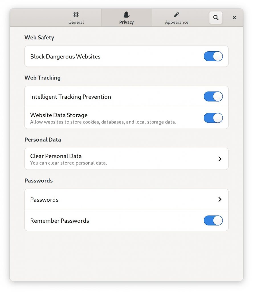 Screenshot of Epiphany preferences window showing ITP toggle