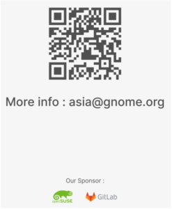 A QU code for GNOME.Asia and two sponsor logos for openSUSE and GitLab