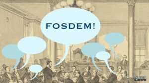 An old drawing of a room full of people with discussion bubbles and the text FOSDEM.