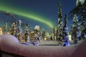 The northern lights, a green slash across the sky above deep snow and trees.