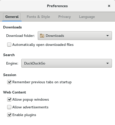 Screenshot of the preferences dialog, with the new "Remember previous tabs on startup" setting.