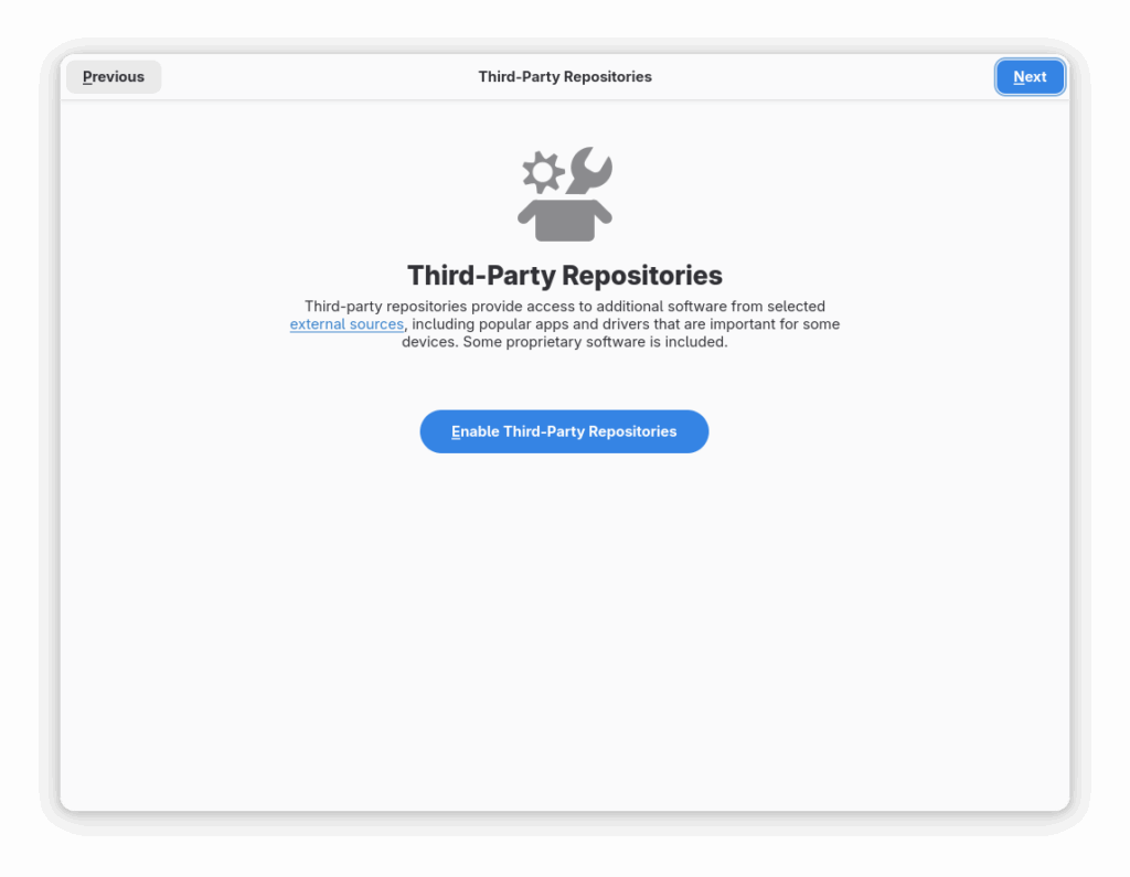 Image displaying the Third-Party Repositories page in Fedora's gnome-initial-setup.