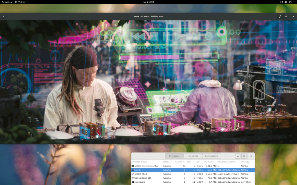 Playing 1080p movie using Totem with 6-7% CPU usage