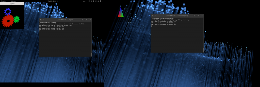 Picture of two monitors with glxgears running at different refresh rates