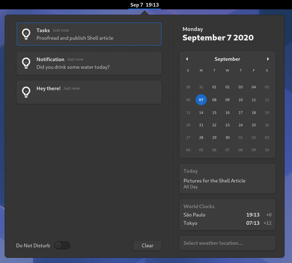 Screenshot of the update calendar menu
