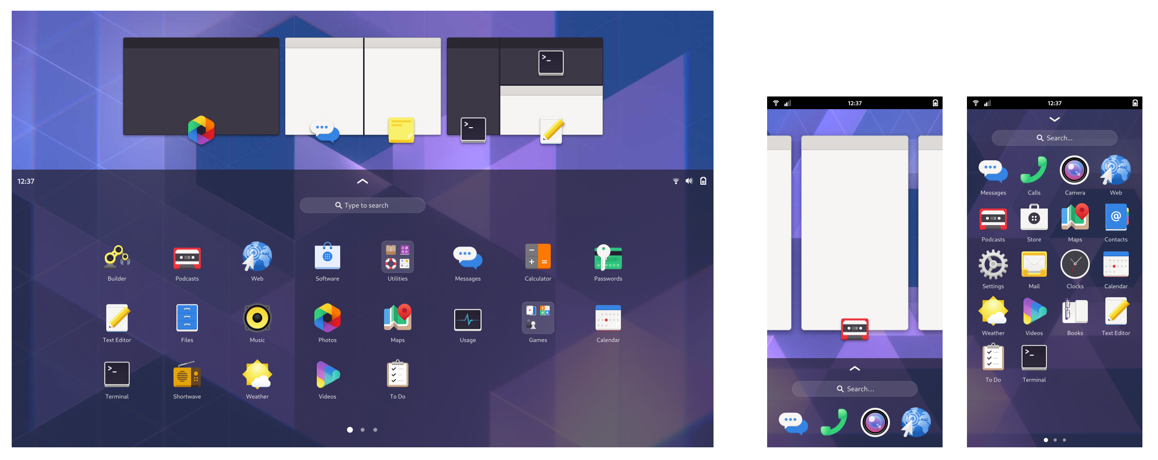 GNOME Shell mockup from 2020, showing a tiling-first tablet shell overview and two phone-sized screens