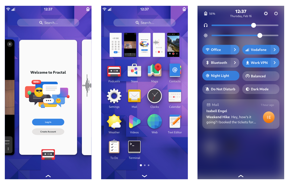 Three phone-sized UI mockups, one showing the shell overview with multitasking cards, the second showing the app grid with tiny multitasking cards on top, and the third showing quick toggles with notifications below.