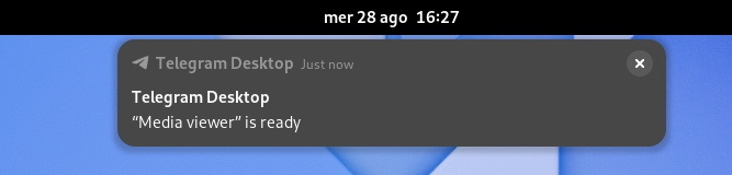 Screenshot of a GNOME Shell notification showing that Telegram Desktop Media viewer is ready