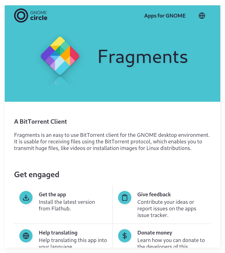 Detail page for the Fragments app. A colored header with app description and an "get engaged" section below.
