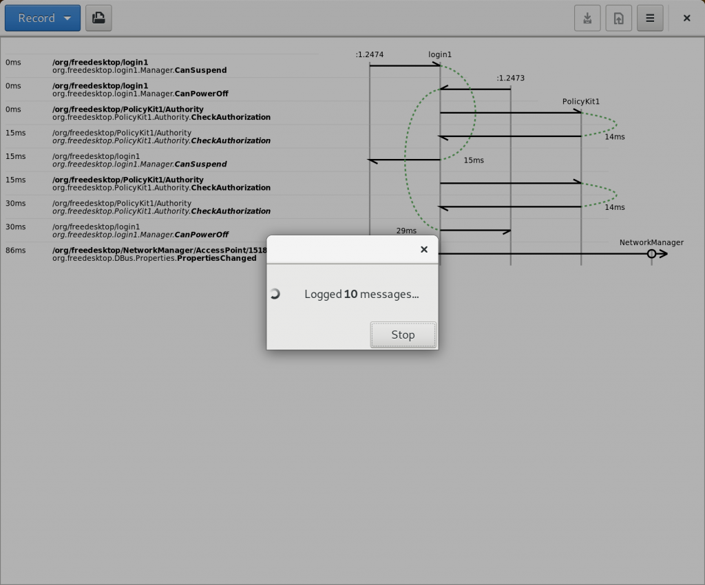 Screenshot: Bustle recording messages on the system bus.